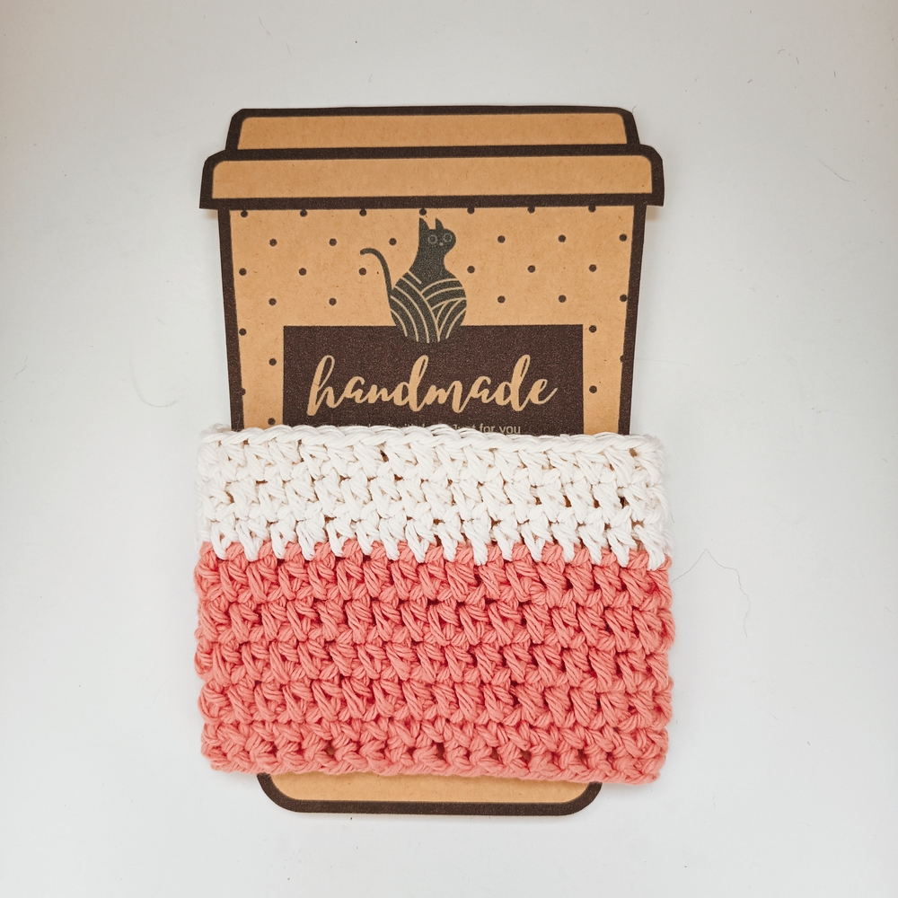 Handmade Crochet Coffee Sleeve - Coral and White